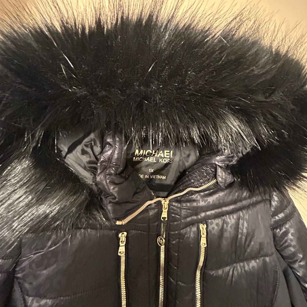 Michael Kors Faux Fur Hoodie Mixed Media Quilted Black Women Jacket Size 1XL. - Picture 5 of 15